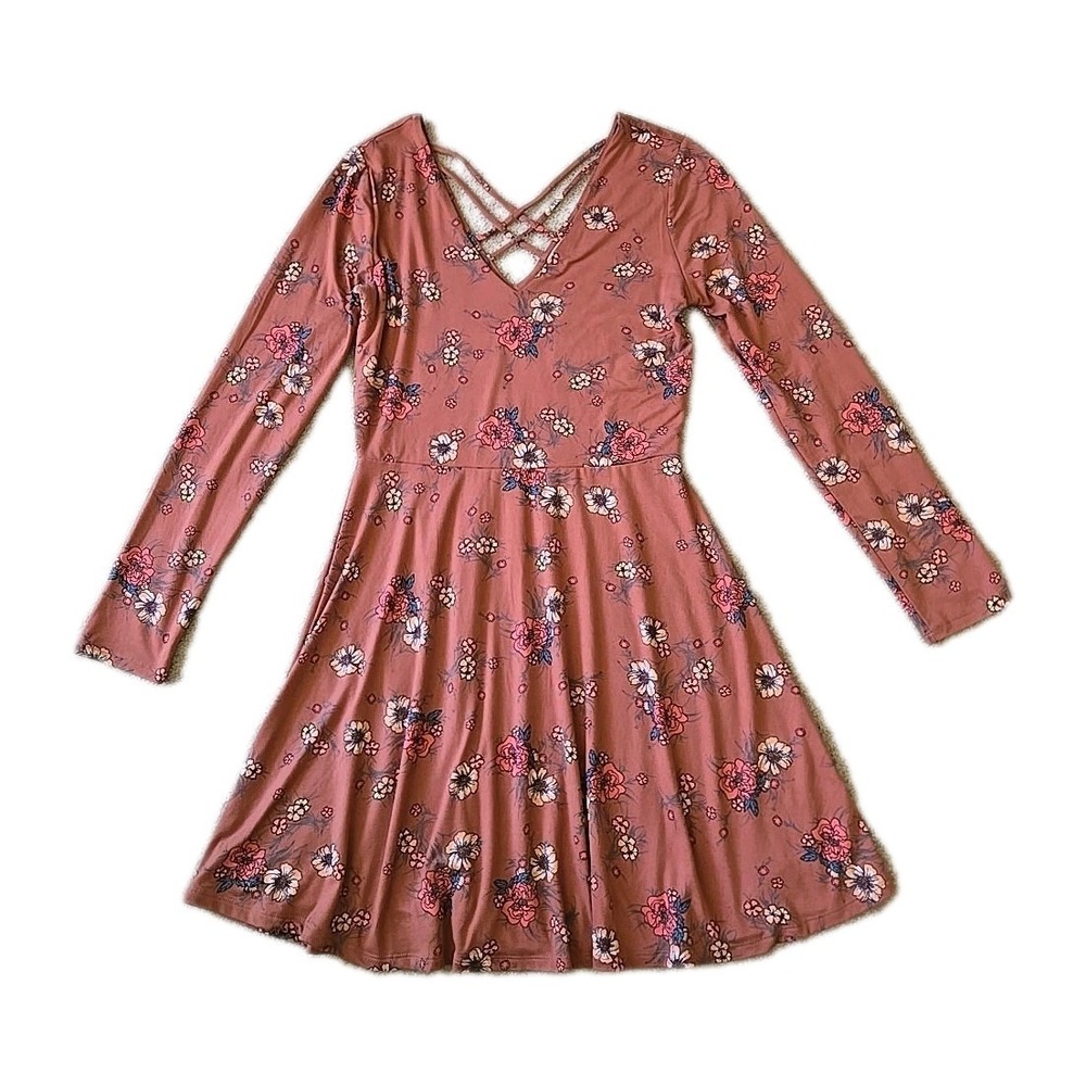 Nine Britton Womens Floral V Neck long Sleeve Criss cross Back Dress size M